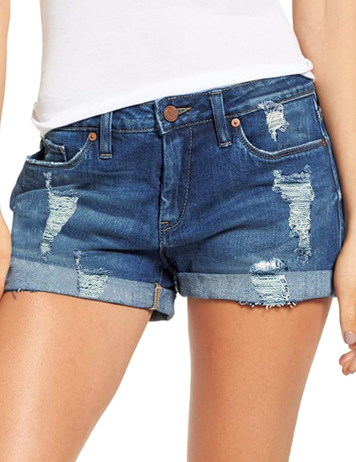 Women'S Ripped Denim Jean Shorts High Waisted Stretchy Folded Hem Short Jeans