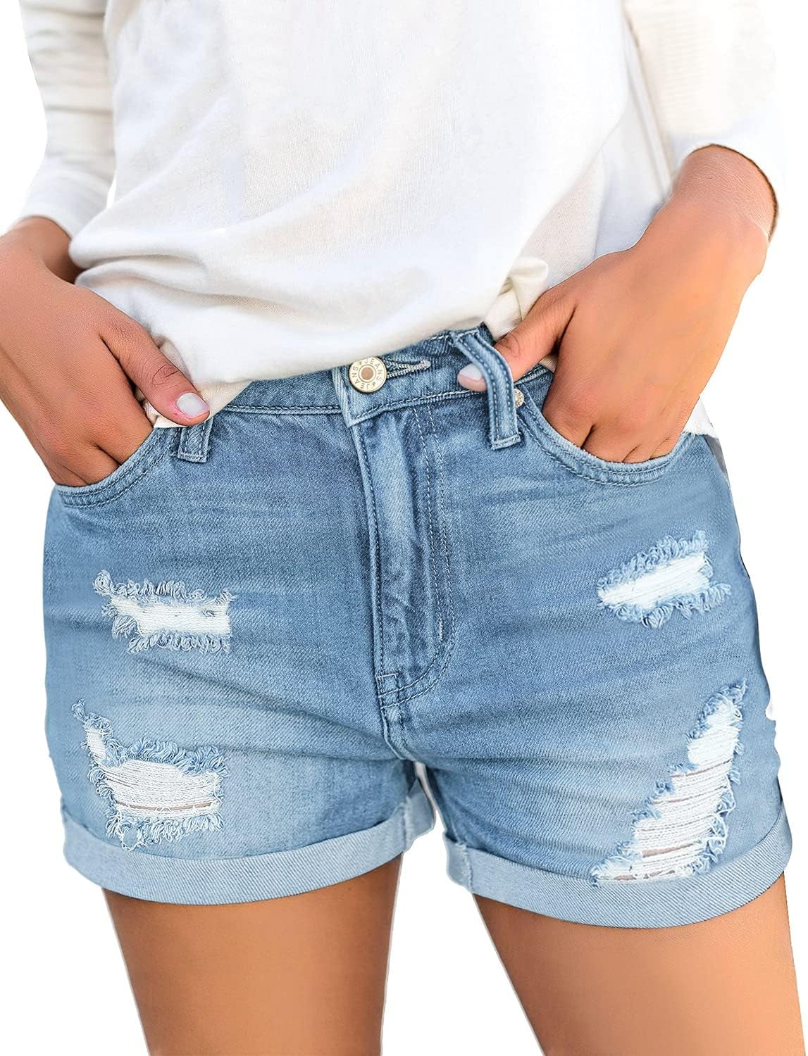 Women'S Ripped High Waisted Denim Shorts Stretchy Cuffed Hem Jean Shorts