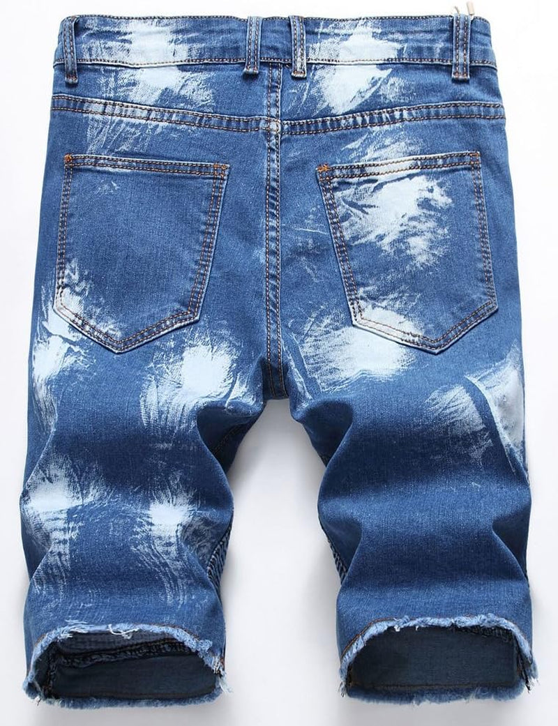 Men'S Casual Denim Shorts Classic Fit Ripped Jeans Biker Shorts