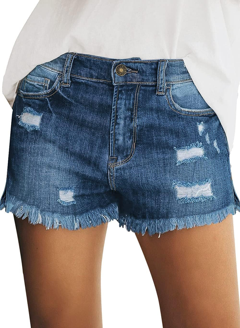 Women'S Casual Mid Rise Denim Shorts Stretch Ripped Raw Hem Jean Shorts