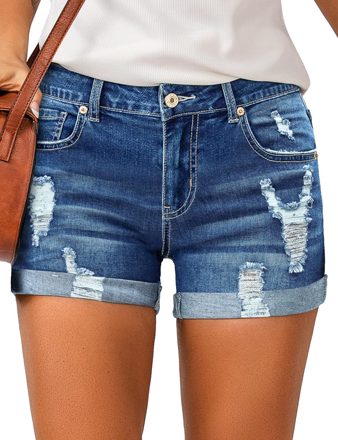 Women'S High Waisted Rolled Hem Distressed Jeans Ripped Denim Shorts