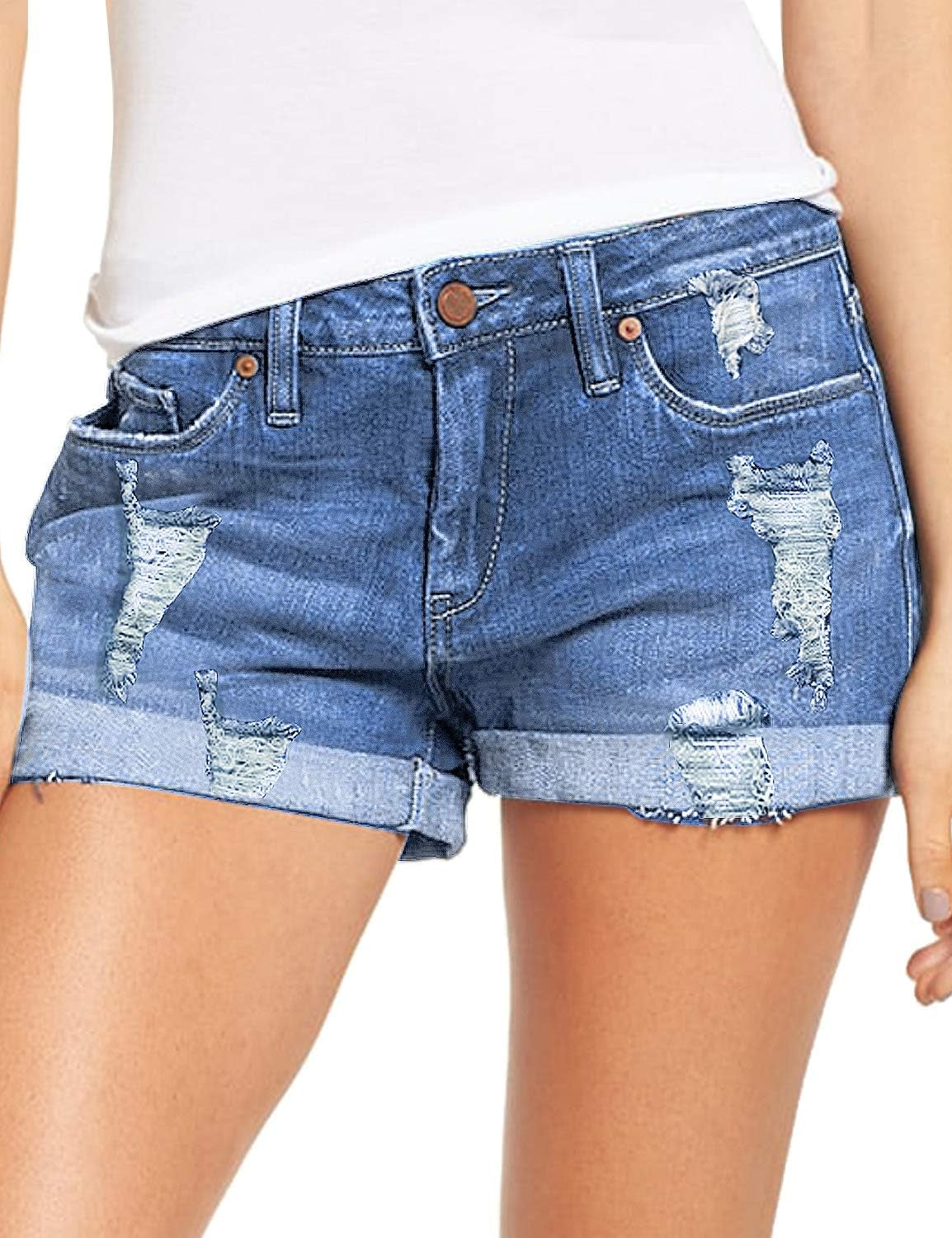 Women'S Ripped Denim Jean Shorts High Waisted Stretchy Folded Hem Short Jeans