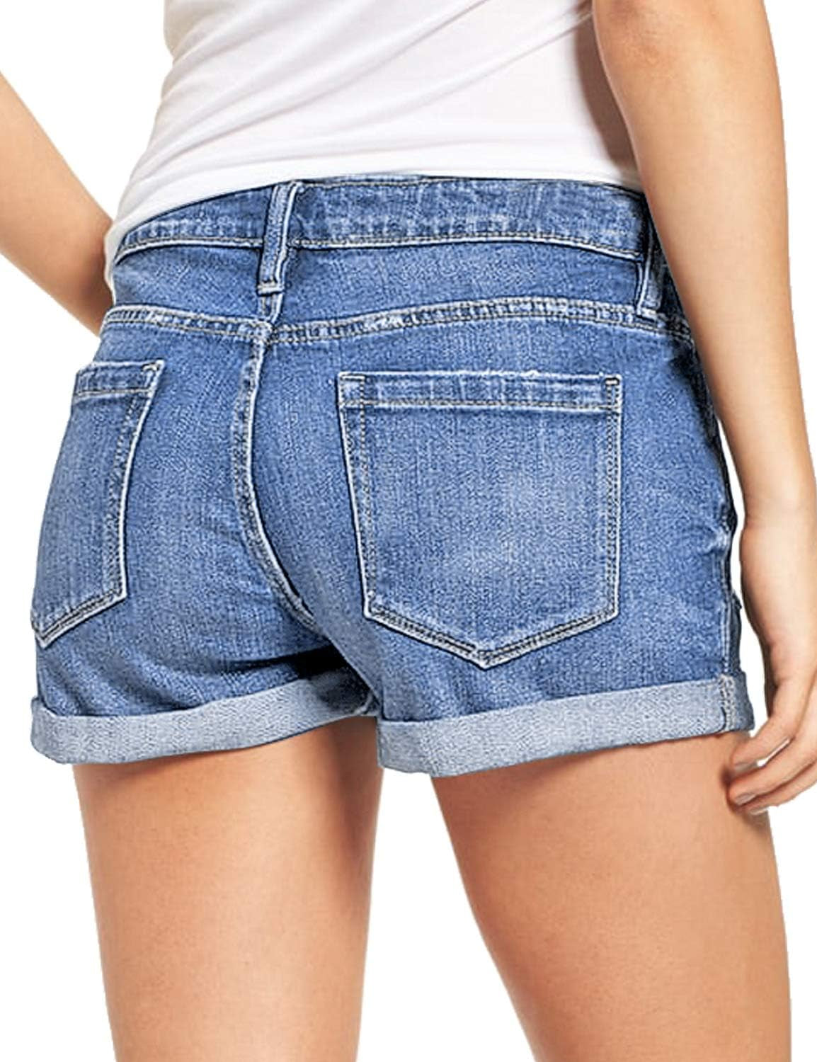 Women'S Ripped Denim Jean Shorts High Waisted Stretchy Folded Hem Short Jeans