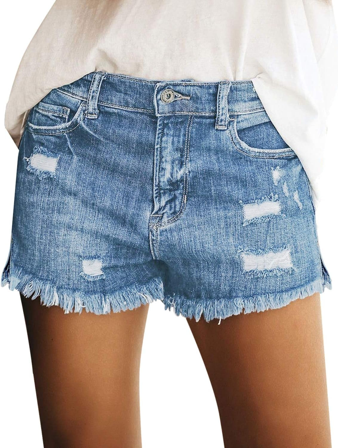 Women'S Casual Mid Rise Denim Shorts Stretch Ripped Raw Hem Jean Shorts