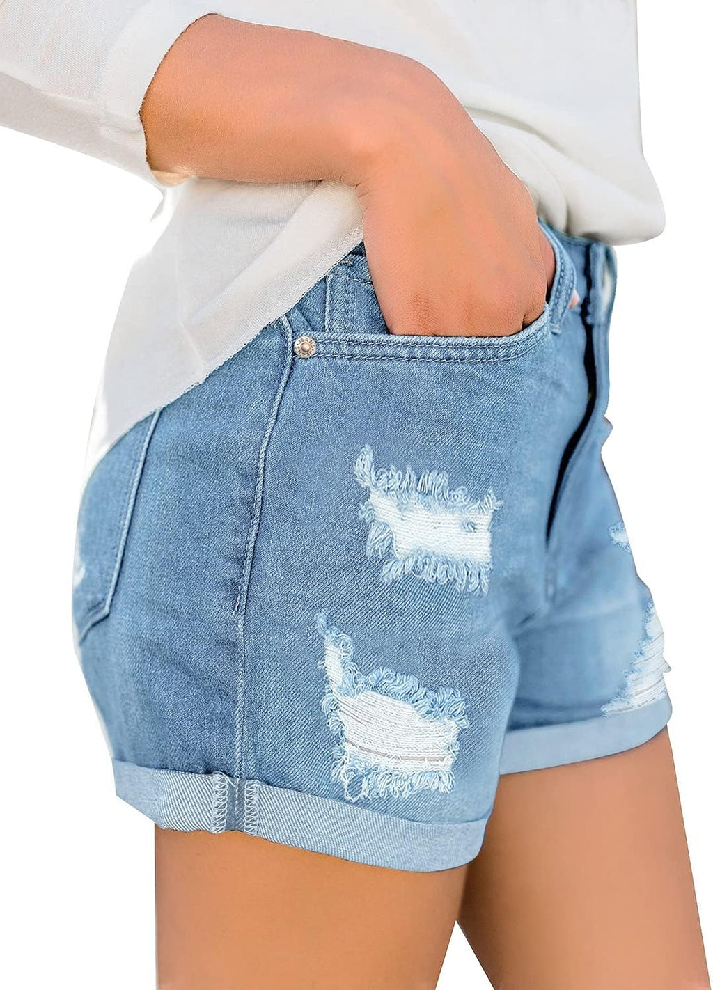 Women'S Ripped High Waisted Denim Shorts Stretchy Cuffed Hem Jean Shorts