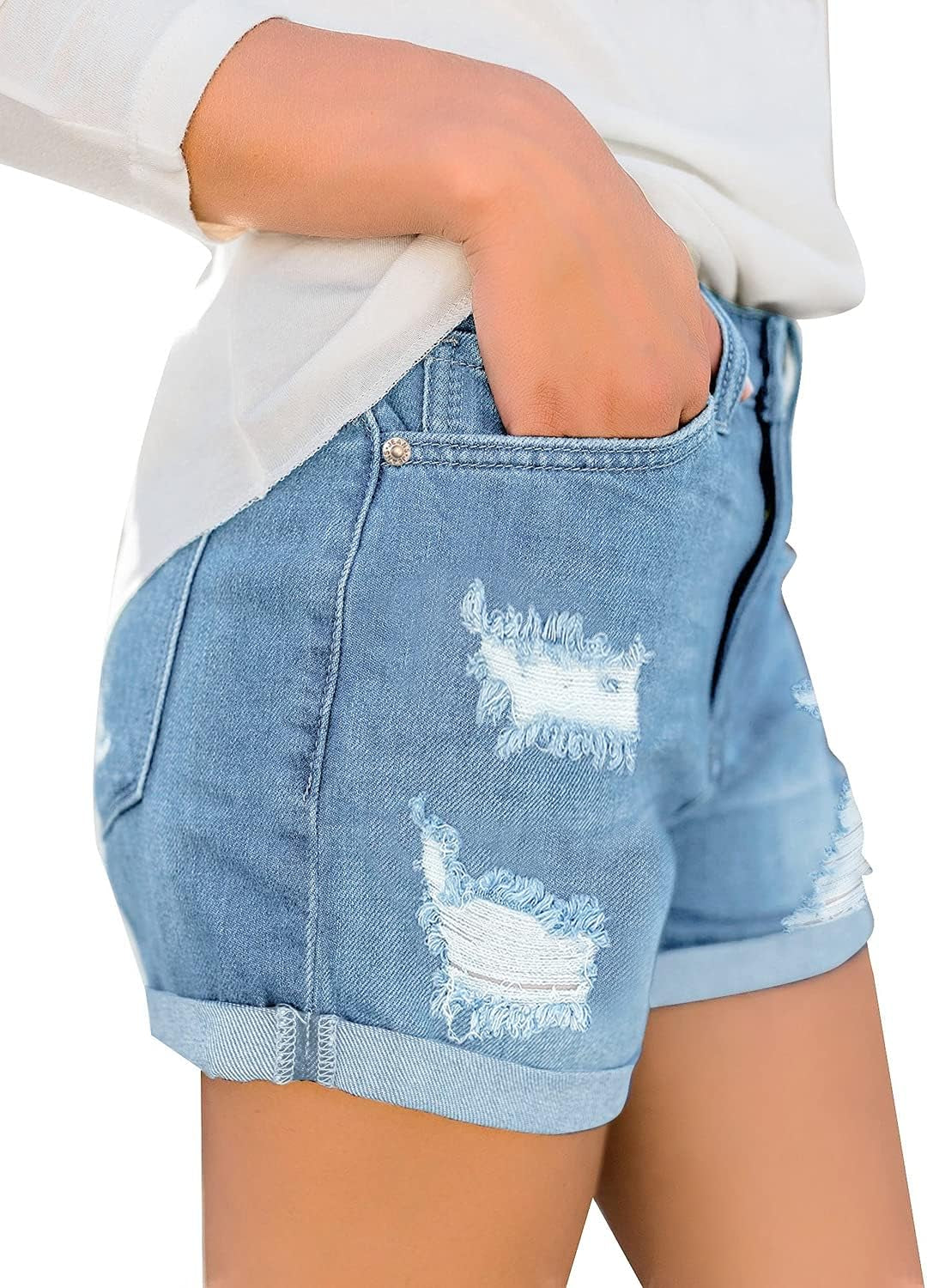 Women'S Ripped High Waisted Denim Shorts Stretchy Cuffed Hem Jean Shorts
