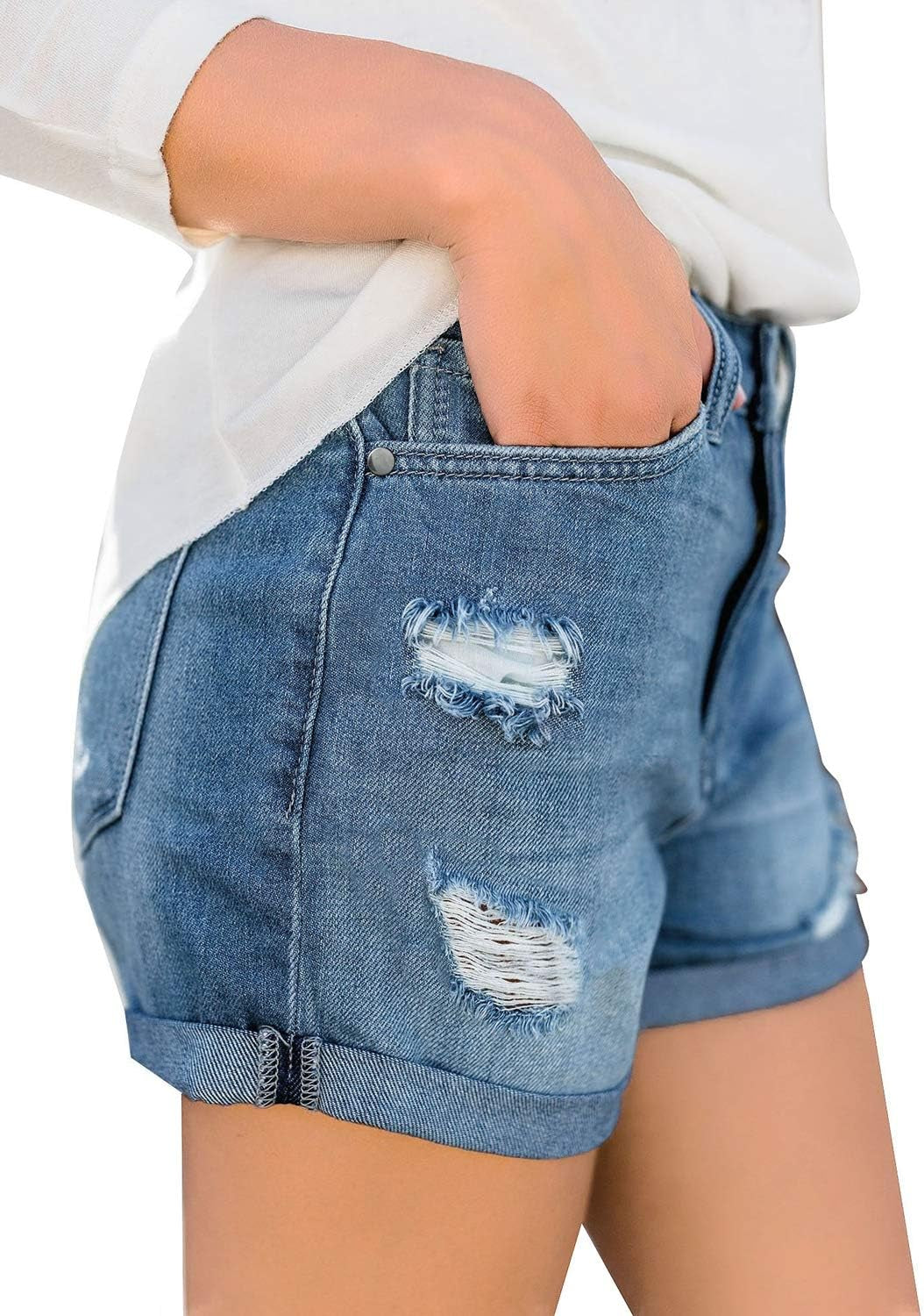 Women'S Ripped High Waisted Denim Shorts Stretchy Cuffed Hem Jean Shorts