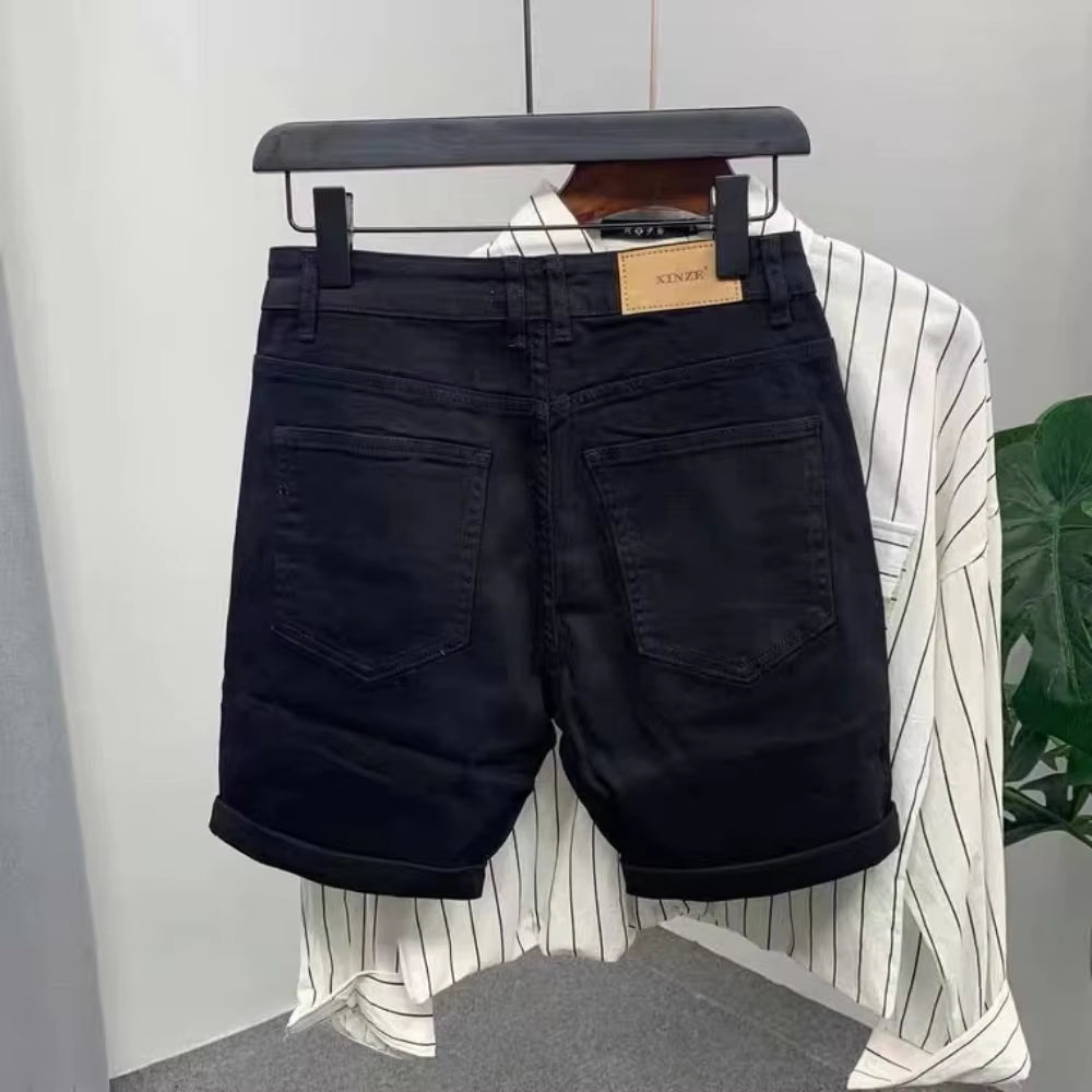 New Arrival Korean Style Clothes Cowboy Luxury Men'S Slim Denim Jeans for Summer Fashion 2023 Black Leather Patch Jeans Shorts