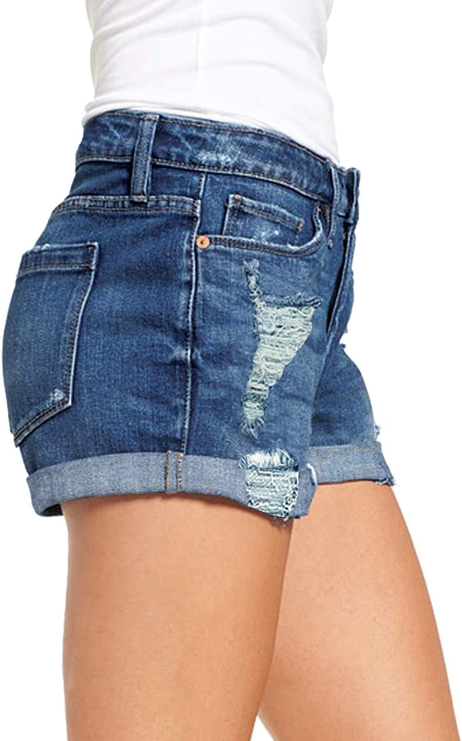 Women'S Ripped Denim Jean Shorts High Waisted Stretchy Folded Hem Short Jeans