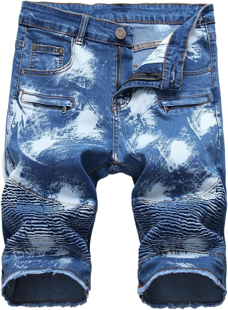 Men'S Casual Denim Shorts Classic Fit Ripped Jeans Biker Shorts